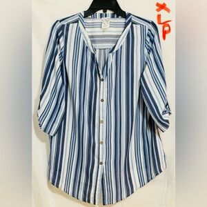 LADIES BLUE, WHITE & BLACK STRIPED TOP